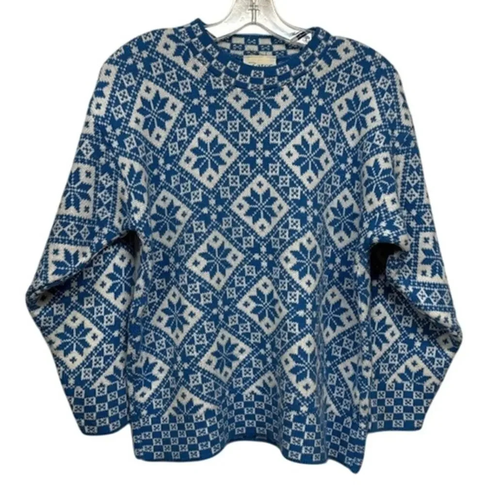 Vintage Knit Force Blue & White Snowflake Diamond‎ Christmas Holiday Sweater L